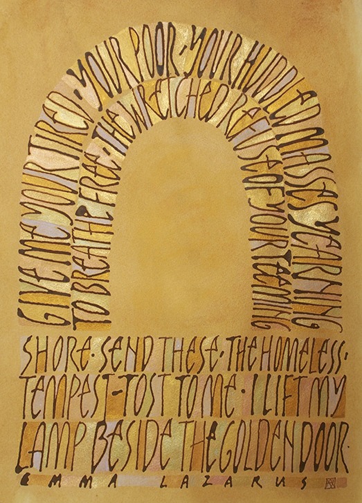 Artwork featuring a golden-yellow background with stylized text from Emma Lazarus's poem. It expresses a welcoming message to the homeless and oppressed.