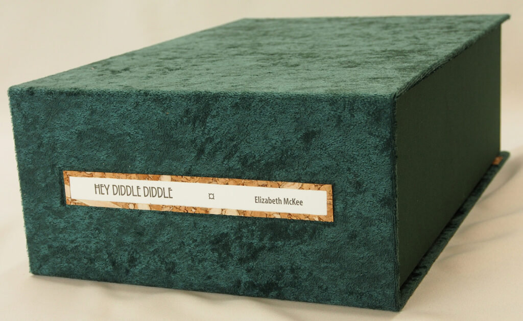 A textured green box labeled "Hey Diddle Diddle" by Elizabeth McKee, likely housing a children's book or related materials.