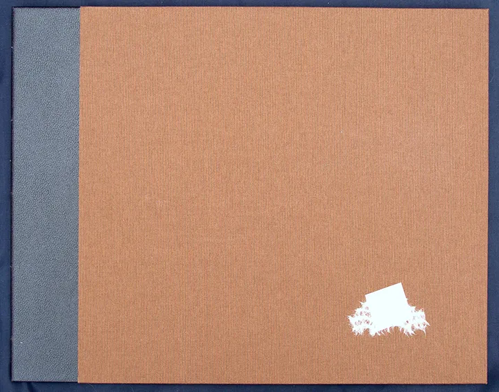 Brown and gray textured cover of a book or portfolio, featuring a small white tear at the corner. Illustrates minimalistic design.
