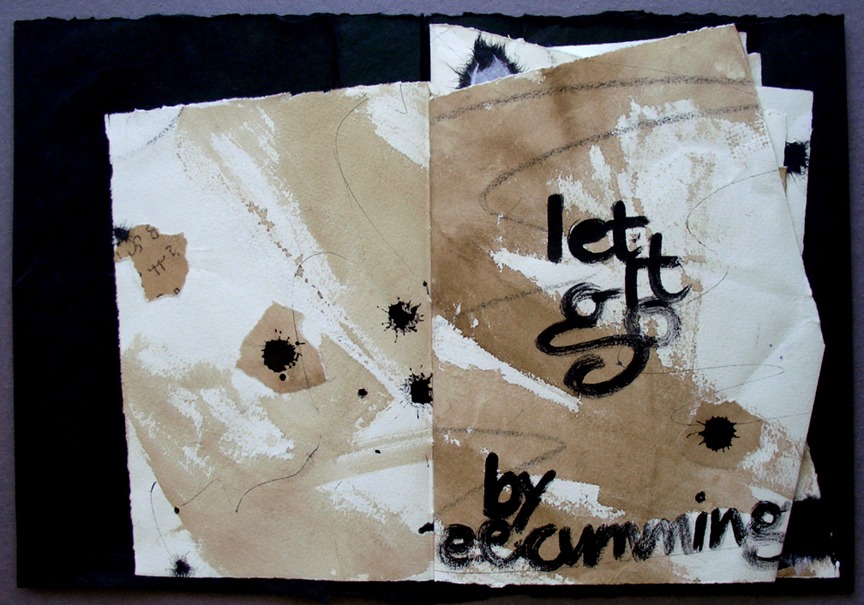 Abstract artwork featuring the phrase "let it go" in bold black lettering on textured beige and white pages, with splatters of ink, conveying creative expression.
