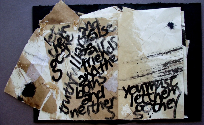 Mixed-media artwork featuring abstract, handwritten text on torn paper, emphasizing themes of truth, friendship, and letting go.