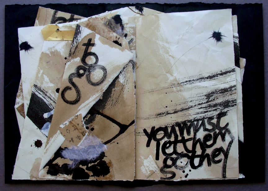 Collaged pages featuring abstract designs and handwritten text saying "you must let them go." The artwork conveys themes of release and transformation.