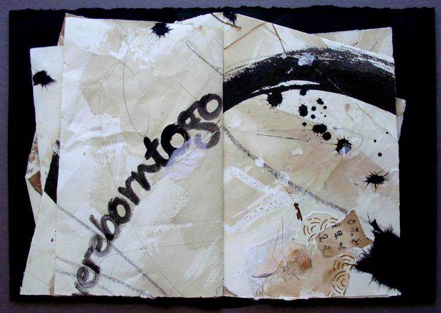 Abstract artwork featuring textured, predominantly beige pages with a bold black brushstroke and the word "reborn" prominently displayed.