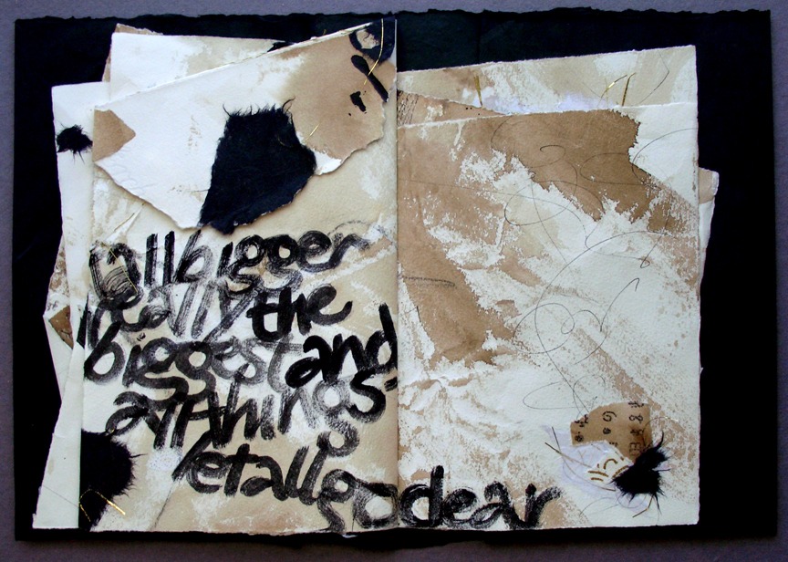 Mixed media artwork featuring layered paper with handwritten text expressing themes of size and perception. The collage combines various textures and colors for visual impact.
