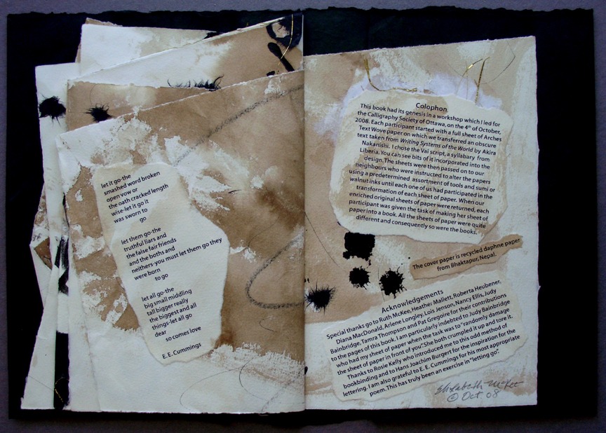 Handcrafted book pages featuring poetry by E.E. Cummings, decorated with abstract ink and watercolor designs. Showcase of artistic collaboration.