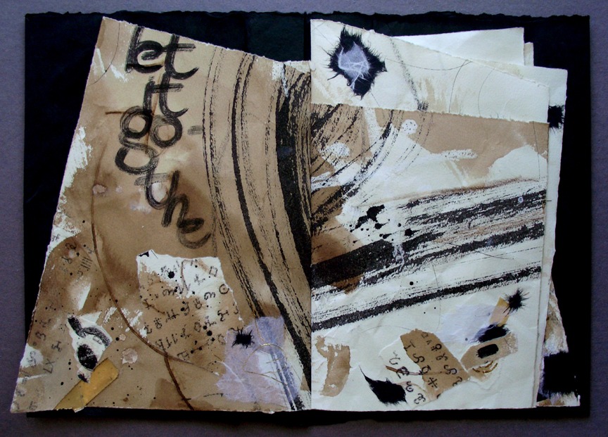 Abstract mixed-media artwork featuring layered textures and handwritten elements, conveying themes of letting go and transformation.