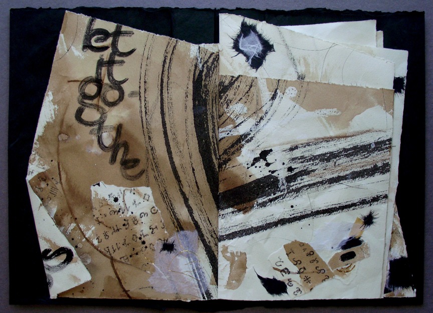 Abstract mixed media artwork featuring earthy tones, dynamic brushstrokes, and handwritten text that conveys a sense of creative exploration.