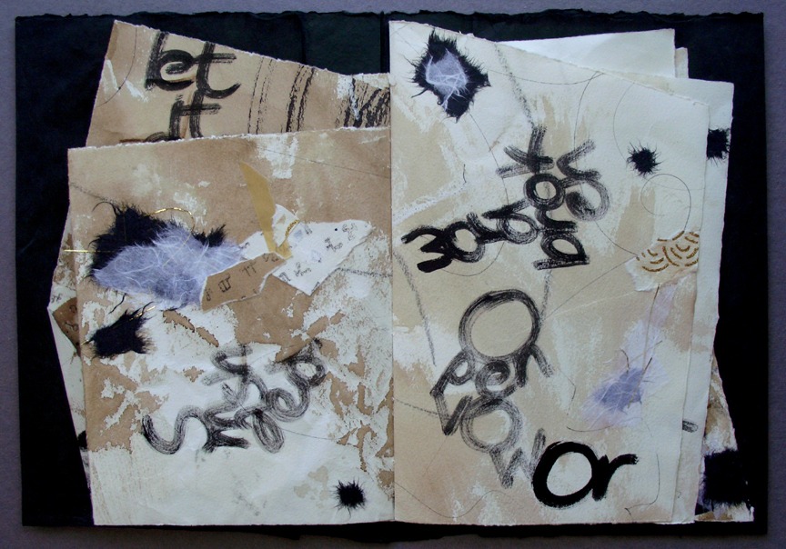 Abstract collage featuring mixed media textures and handwritten words like "let," "speak," and "or," exploring themes of communication and duality.
