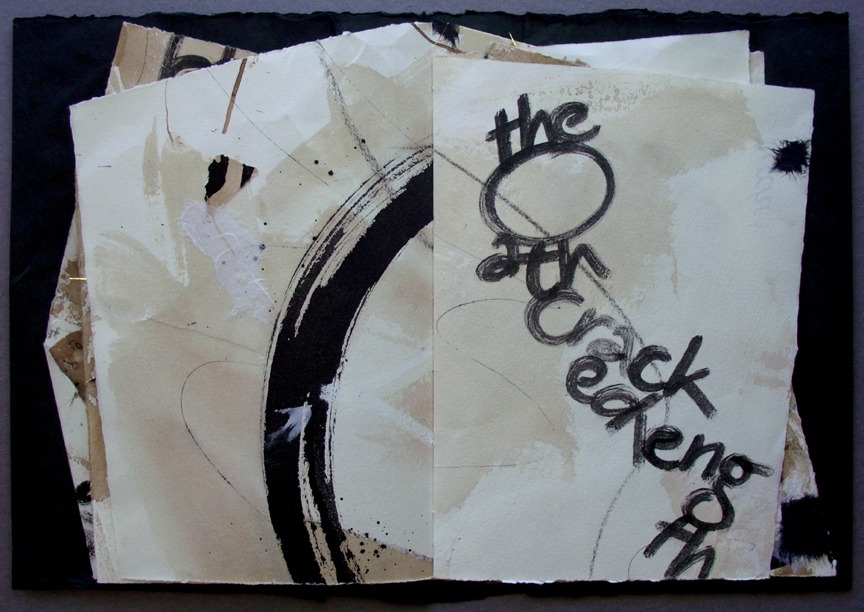 Abstract art piece featuring layered, textured paper with bold black lettering reading "the O an Crack" against a soft, muted background.