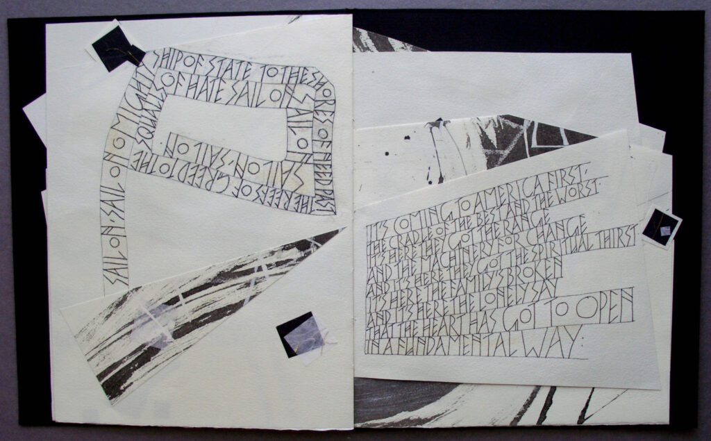 A mixed media artwork featuring abstract lettering and expressive ink strokes. The text reflects themes of struggle and change, relevant to cultural commentary.