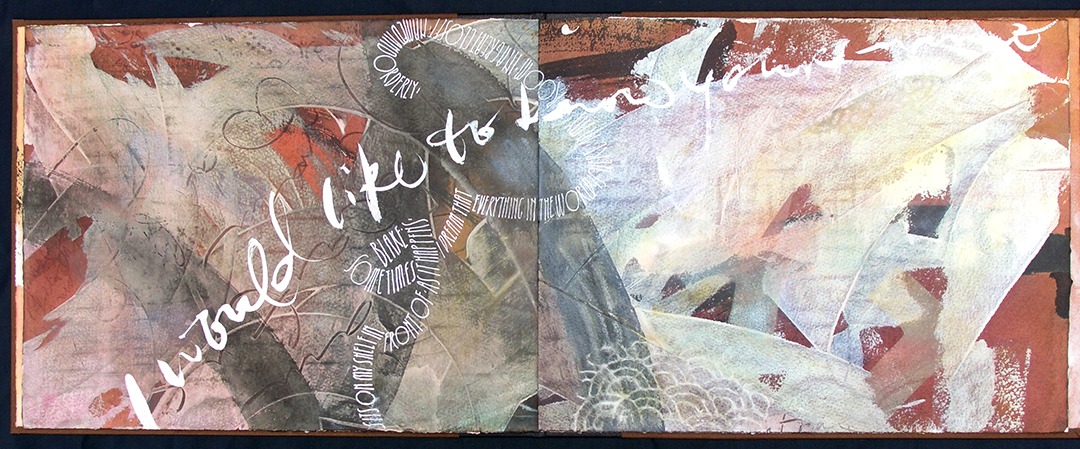 Abstract mixed-media artwork featuring swirling textures and colors, with the handwritten phrase "I would like to" prominently displayed.