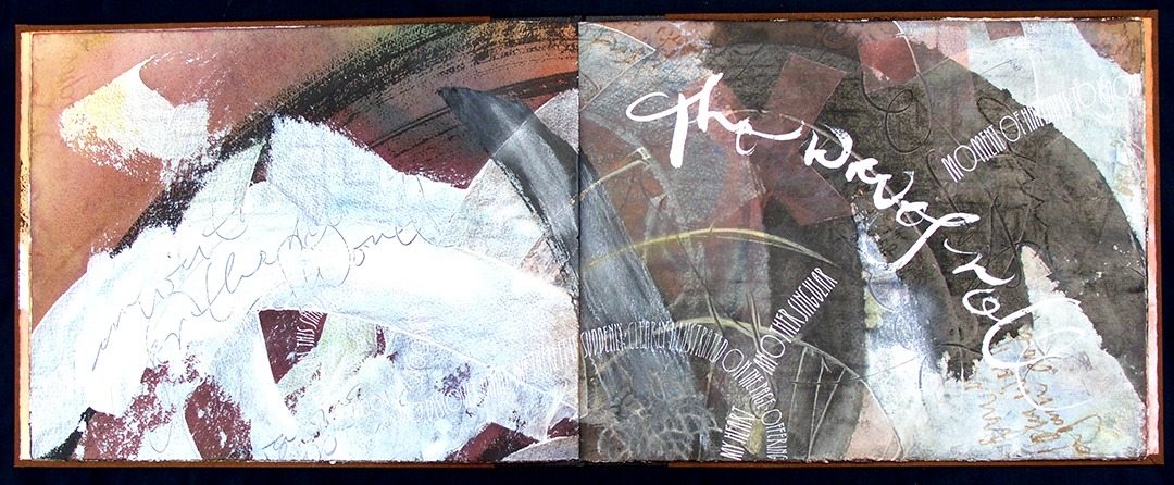 Abstract mixed media artwork featuring large, sweeping brush strokes and layered textures, conveying themes of expression and creativity.