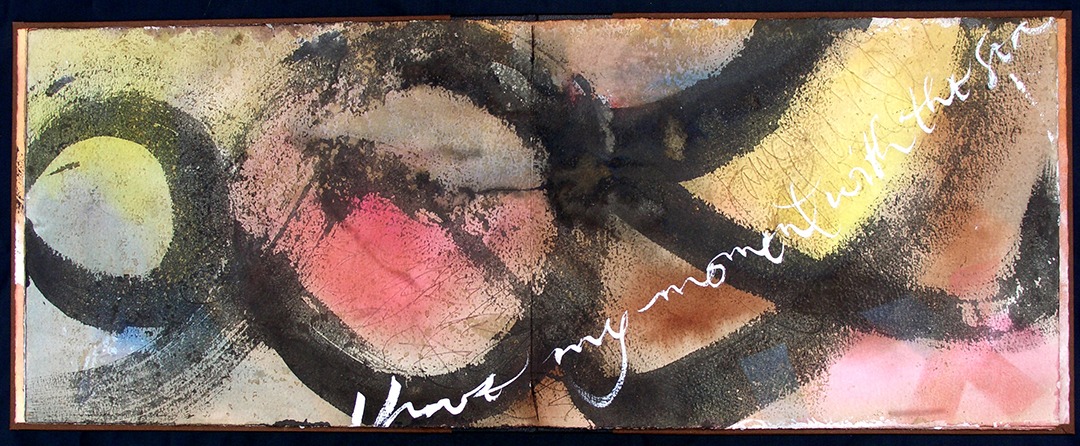 Abstract painting featuring bold brush strokes and vibrant colors, with the phrase "I have my moment with the sun" elegantly inscribed.