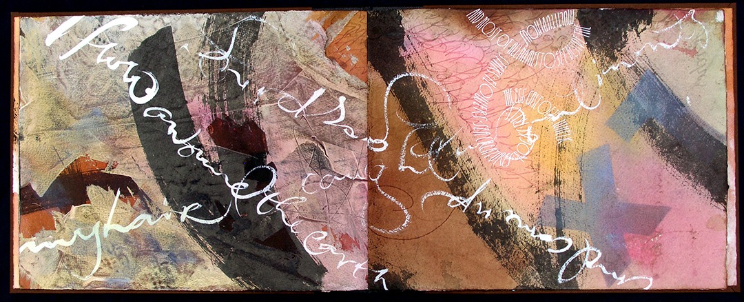 Abstract artwork featuring a blend of colors and textures, overlaid with dynamic, handwritten text. The piece explores themes of identity and memory.