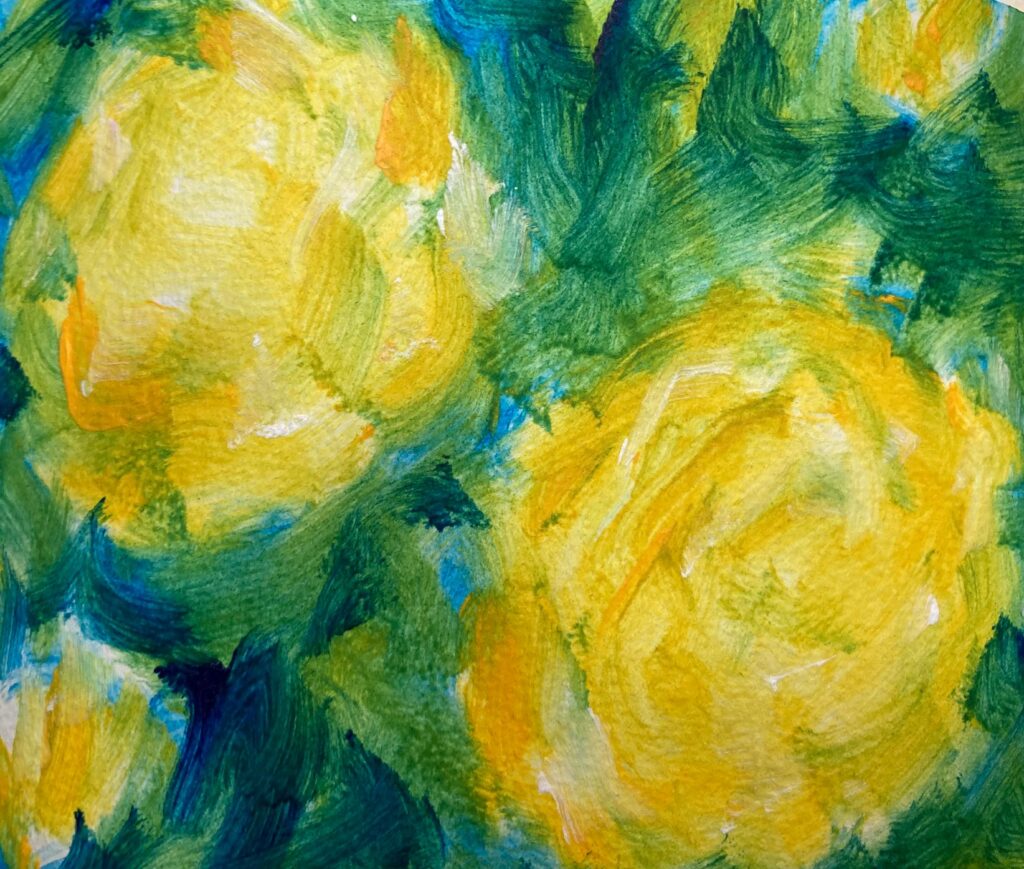 Vibrant abstract painting featuring large yellow roses against a lush green background, conveying a sense of warmth and natural beauty.